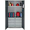 Schäfer Shop Genius Materialschrank FS, 5 OH, abschließbar, 4 Fachböden/12 Schübe, bis 450 kg, B 1055 x T 520 x H 1950 mm, Stahl, weißalu/anthrazitgrau