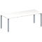 White table with four gray legs. The tabletop is rectangular.