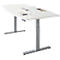 Schäfer Shop Genius Mesa de conferencias MODENA FLEX, conexión de 6 vías, regulable eléctricamente en altura, barco, pie en T, ancho 2000 x alto 645-1290 mm, aluminio blanco/blanco 