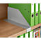 Gray bookend on wooden shelf, next to green file folders.
