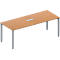 Rectangular office desk, light brown tabletop, gray legs with adjustable feet. In the middle of the tabletop is a recess.