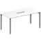 White, rectangular conference table with silver legs and a rectangular recess in the middle of the table.