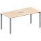 Rectangular table with light wooden top and grey legs. A silver connection box is embedded in the middle of the table top.