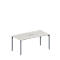 A rectangular conference table in light gray with gray legs, a slot in the middle.
