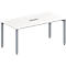 White table with silver legs and a power outlet in the middle.