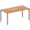 Brown conference table with rectangular top, silver media strip and gray legs.