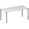 White table with gray legs. Rectangular tabletop. 4 legs.