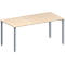 Beige table top, silver table legs. A rectangular table with four legs.