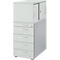 Gray filing cabinet with sliding doors and drawers. Handles and locks are visible.