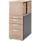 Beige-grey office cabinet with drawers and cupboard, silver handles. The top has sliding doors.