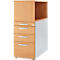 Vertical cabinet with three drawers and an open compartment. Wood-colored front, silver handles, white body.