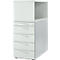 A white, tall filing cabinet with drawers and shelf.