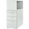 White filing cabinet with drawers and open compartment. Metal, silver handles. Three drawers, one open compartment.