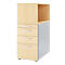 A wooden filing cabinet with three drawers and an open shelf section. Right side silver gray.