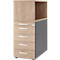 Wooden filing cabinet with drawers and open compartment.
