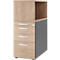 A light brown filing cabinet with three drawers and an open compartment.