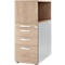 A tall, two-tone filing cabinet with drawers. An open shelf on top, with three drawers below with white handles.