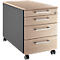 Rollcontainer mit vier Schubladen auf Rollen. Obere und Schubladenfronten helles Holz, Korpus grau. Oben mit Schloss.
