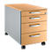 Mobile pedestal with four drawers, wood look, silver body, on wheels.