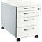 White mobile pedestal with four drawers, silver handles and lock. On grey base with casters.