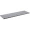 Gray, elongated metal plate with holes on the edges.