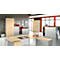 Office with wooden cabinets, desk, and office furniture. Windows overlooking the outside, bright atmosphere.