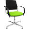 Office chair with black backrest, black armrests, green seat, and silver base.