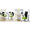 Office chair with green seat and black backrest in front of a desk.