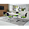 Conference room with table, chairs and laptop. Green chairs, white table, carpet and glass wall. Letters AZ on the wall.