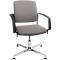 A gray office chair with armrests, black frame, and a chrome-plated base.