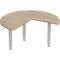 Bureau en forme de demi-cercle, plateau de table brun clair avec pieds gris clair, sur fond blanc.