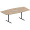 Une table de conférence ovale avec un dessus en bois et des pieds en métal gris.