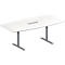 Schäfer Shop Genius Table de réunion MODENA FLEX, hauteur ajustable, bloc prise six entrées, forme bateau, pieds en T avec tubes ronds, l. 2000 x P 1000/800 mm, blanc