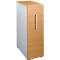 Tall cabinet made of wood and light gray material. The cabinet has a door with a silver handle.