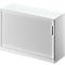 White cabinet with slatted door. The door has a vertical handle. The surface is smooth.
