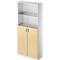 Office cabinet with glass display cabinet on top and wooden cabinet below. Silver handles, white casing.