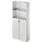 White office cabinet, upper half with glass doors, lower half closed. Two shelves.