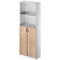 White office cabinet with glass display cabinet, below cabinet with wooden doors.