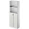 White cabinet with glass display case on top and doors below.