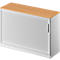 White cabinet with wooden top and slatted door.