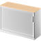 Grey office cabinet with wooden top. Vertical, ribbed structure of the door. Rectangular shape with handle.