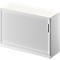 White roller shutter cabinet with vertical grooves. A narrow handle is visible on the right side.