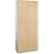 Light brown cabinet with two doors and silver handles.