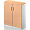 Light brown cabinet with two doors, silver handles and lock.