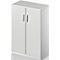 White cabinet with two doors, silver handles, and a lock.