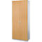 Light brown cabinet with two doors, silver handles, and a lock. Gray base, white body.