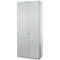 A gray cabinet with two doors, handles and a lock. Standing upright.