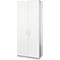 White tall cabinet with two doors. Silver handles and gray base.