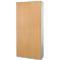 A tall cabinet with two doors made of light wood. Metal handles. Gray base and side. Placed in the middle.