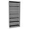 Gray bookshelf with six shelves, on a white background.